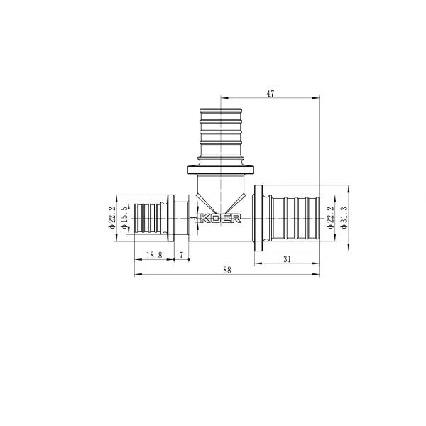 Тройник переходный Koer KA.T25-25-16 - 25(3.5mm) x 25(3.5mm) x 16(2.2mm) (KR4893)
