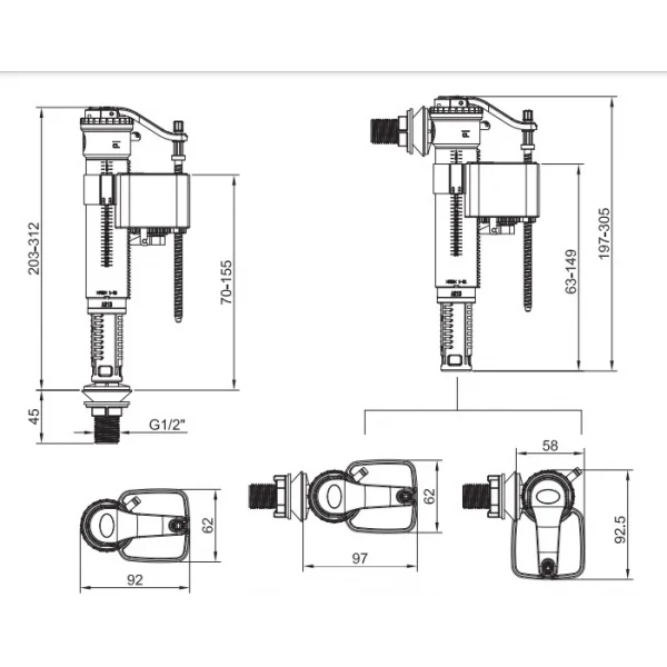 Комплект арматури Koer KT-0301-1/2" (спускна 2-х + наповнювальна з універс. підключенням) (KR5058)