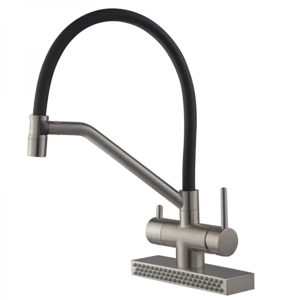 Смеситель для кухни Koer KB-74027-02 с функцией "водопад" и черным силиконовым изливом (KR5201)