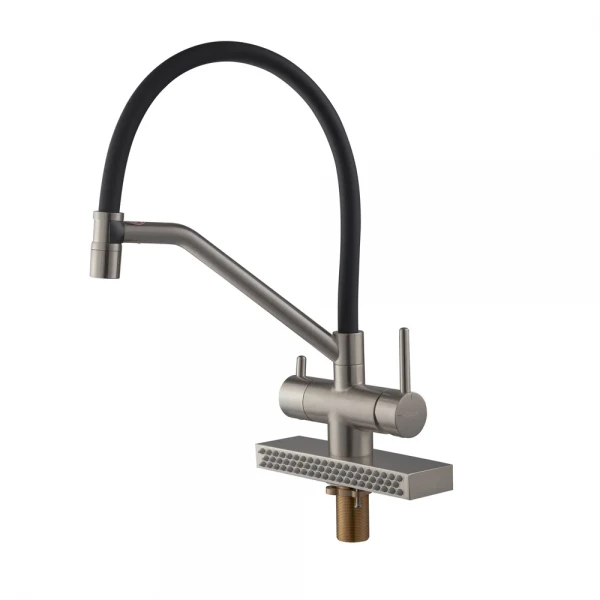 Смеситель для кухни Koer KB-74027-02 с функцией "водопад" и черным силиконовым изливом (KR5201)