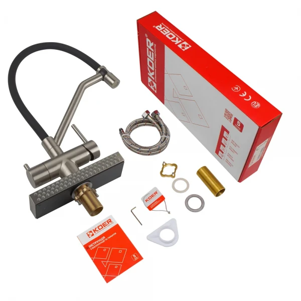 Смеситель для кухни Koer KB-74027-02 с функцией "водопад" и черным силиконовым изливом (KR5201)