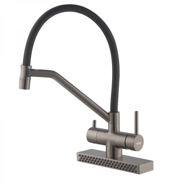 Смеситель для кухни Koer KB-74027-07 с функцией "водопад" и черным силиконовым изливом (KR5203)