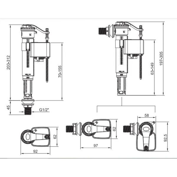 Арматура наповнювальна Koer KT-0102-1/2" з універсальним підключенням та пластиковим різьбленням 1/2" (KR5330)