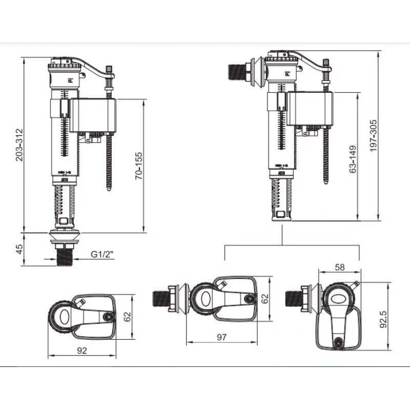 Арматура наповнювальна Koer KT-0102-1/2" з універсальним підключенням та пластиковим різьбленням 1/2" (KR5330)