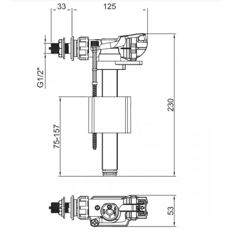 Арматура наповнювальна Koer KT-0106-1/2" з боковим підключенням та пластиковим різьбленням 1/2" (KR5336)