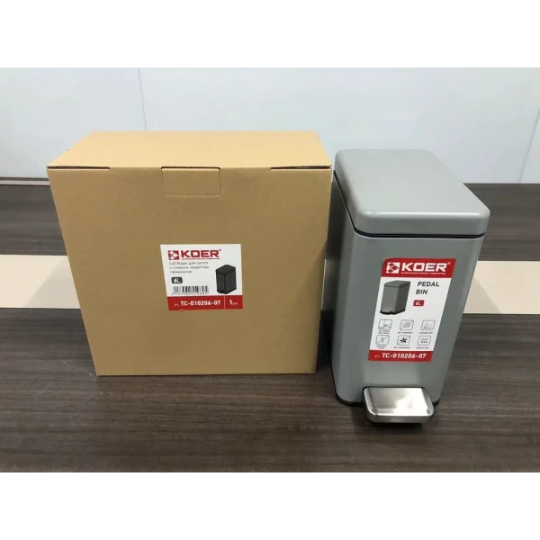 Відро для сміття з плавним закриттям прямокутне Koer TC-010206-07 6 л колір сірий (KR5596)