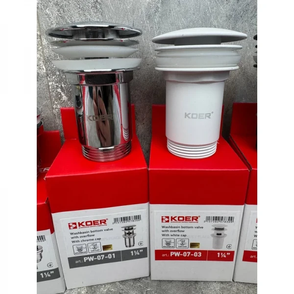 Донний клапан для раковини Koer PW-07-03 1 1/4'' з переливом автоматичний СLICK-СLACK (Колір білий) (KR5783)