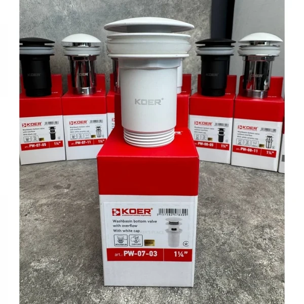 Донний клапан для раковини Koer PW-07-03 1 1/4'' з переливом автоматичний СLICK-СLACK (Колір білий) (KR5783)