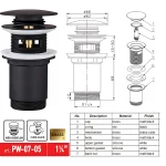 Донный клапан для раковины Koer PW-07-05 1 1/4'' с переливом автоматический СLICK-СLACK (Цвет черный) (KR5785)