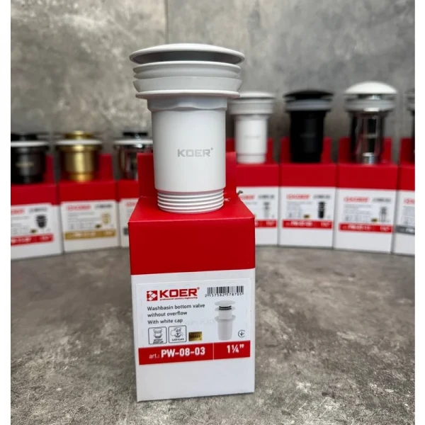 Донний клапан для раковини Koer PW-08-03 1 1/4''  без переливу автоматичнийСLICK-СLACK (Колір білий) (KR5787)