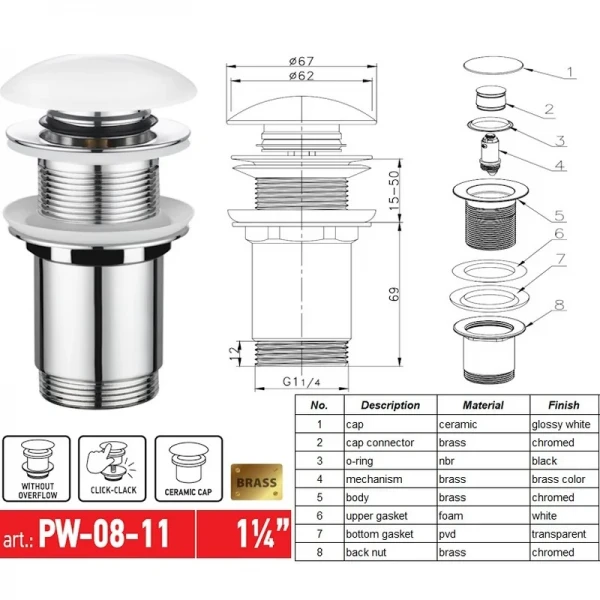 Донний клапан для раковини Koer PW-08-11 1 1/4''  без переливу автоматичний СLICK-СLACK (Біла керам.накл) (KR5788)