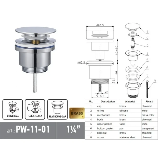 Донний клапан для раковини Koer PW-11-01 1 1/4''  універсальний (з/без перел) СLICK-СLACK (Колір хром) (KR5790)