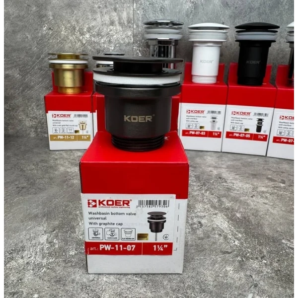 Донний клапан для раковини Koer PW-11-07 1 1/4''  універсальний (з/без перел) СLICK-СLACK (Колір графіт) (KR5793)