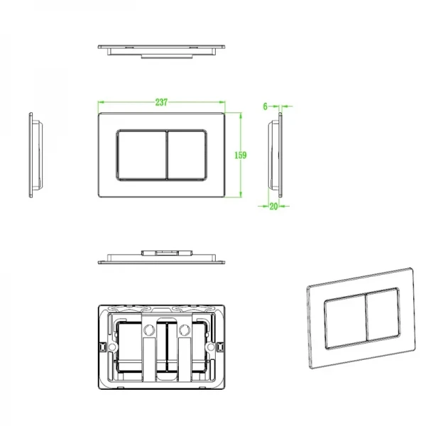 Панель змиву Koer KT-0612-02(S) 240x160x10mm з нержавіючої сталі, кнопка квадратна SUS304. Зразок (KR6142)
