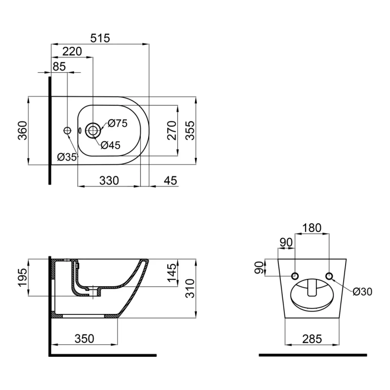 Биде подвесное Mixxus ELLIPSE-0502 520x360x320mm (MI6714)