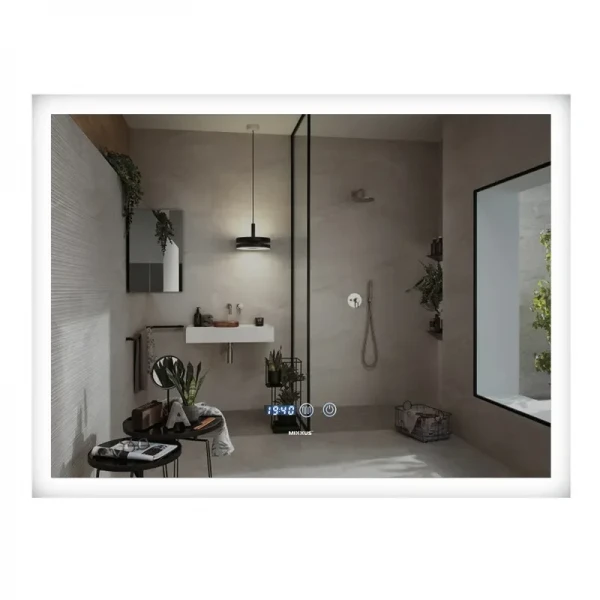 Дзеркало Mixxus FLAT MR04-80x60 з LED Touch, Anti-fog, димером, регулюванням яскравості, годинником (MI6928)
