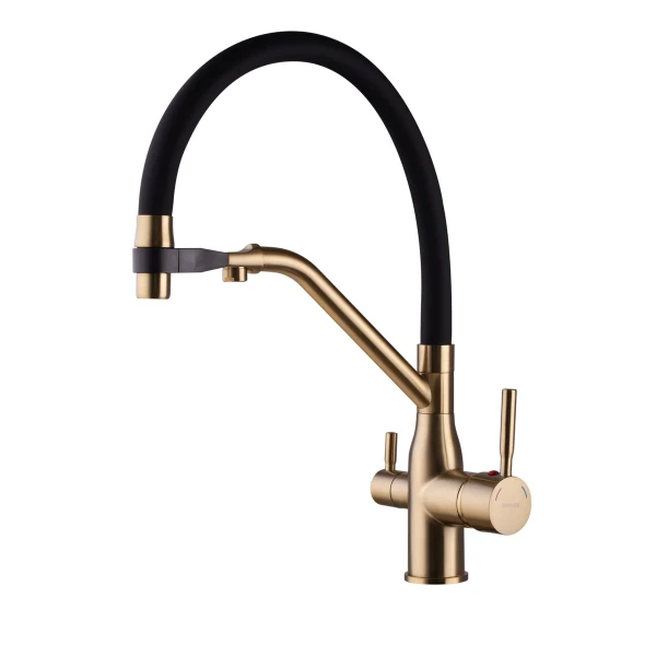 Смеситель для кухни MIXXUS PREMIUM Gravity 021 латунный, матовое золото с черным, с гибким изливом и подключением к фильтру (MI6981)