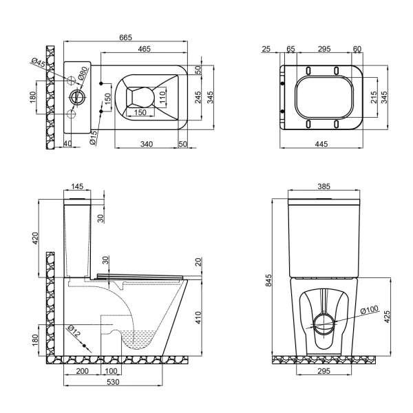 Чаша унитаза-компакта Mixxus Premium Quadro-0402-R Bowl 675х390х855 Rimless без сиденья (MI8340)