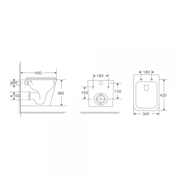 Подвесной унитаз Mixxus Premium Quadro-0301-T3 490x340x360mm, система смыва TORNADO 3.0 (MP6453)