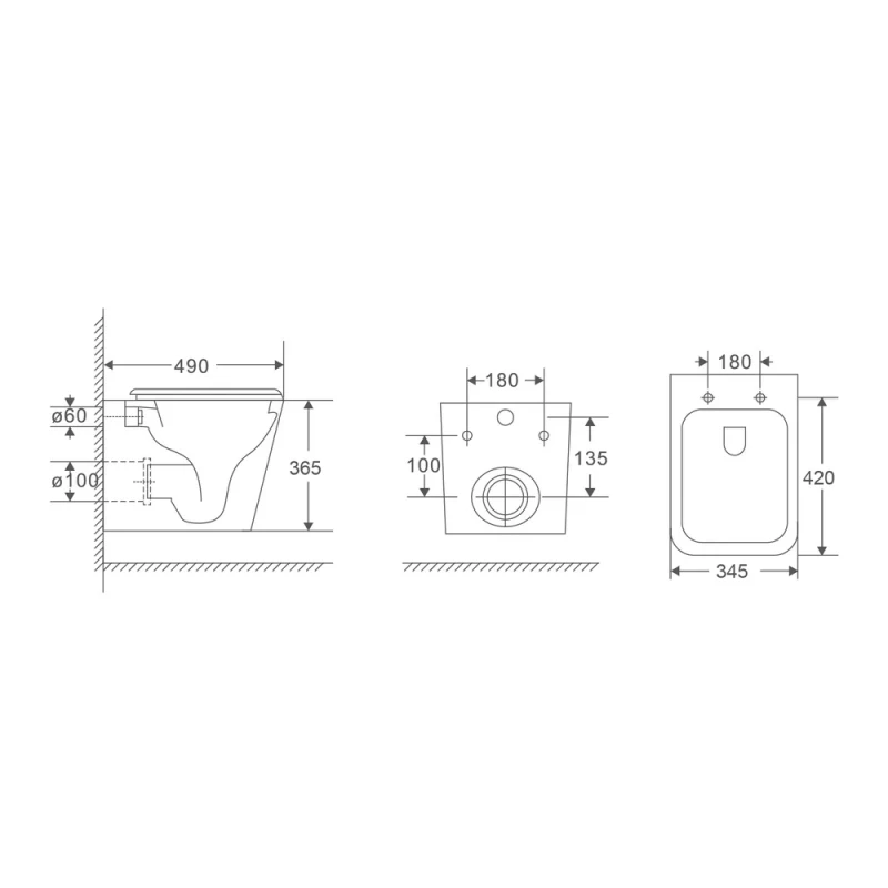 Подвесной унитаз Mixxus Premium Quadro-0301-T3 490x340x360mm, система смыва TORNADO 3.0 (MP6453)