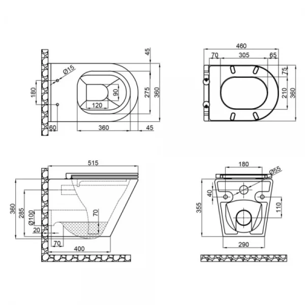 Унітаз підвісний Mixxus Premium Bevel-0301-R Black 515x355x365mm, система змиву RIMLESS (MP6471)