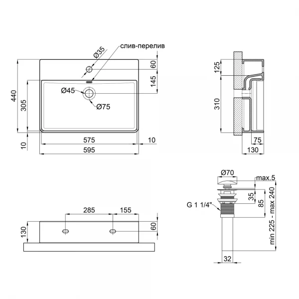 Раковина підвісна-накладна MIXXUS PREMIUM QUADRO-0202 600х440х120mm (отвір під змішувач, перелив) (MP6479)