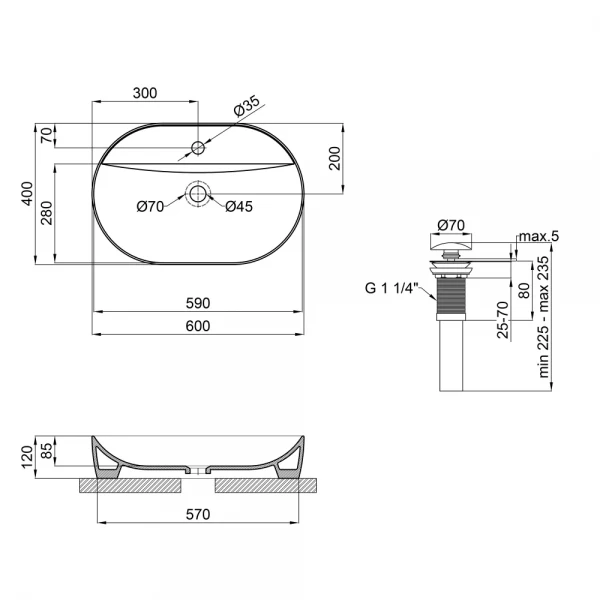Умывальник накладной керамический Mixxus Premium Ellipse-0202 610x400x120mm (MP6483)