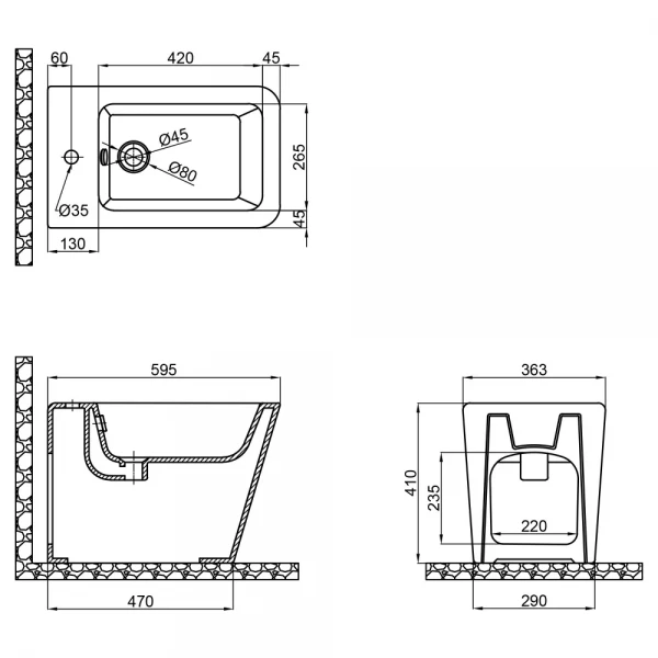 Биде напольное MIXXUS PREMIUM QUADRO-0601 600х355х410mm (MP6589)