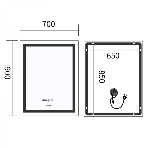 Зеркало Mixxus Premium FLASH MR21-70x90 с Led Touch, Anti-fog, димером, регулятором яркости, часами (MP6618)