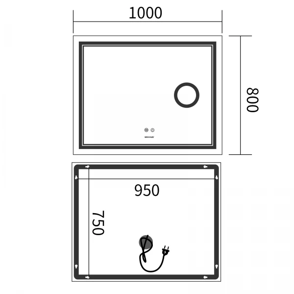Зеркало Mixxus Premium QUADRO MR20-100x80 с Led Touch, Anti-fog, димером, регулятором яркости, линзой (MP6623)