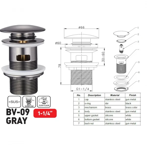 Донный клапан для раковины с переливом Zerix BV-09 GRAY 1 1/4