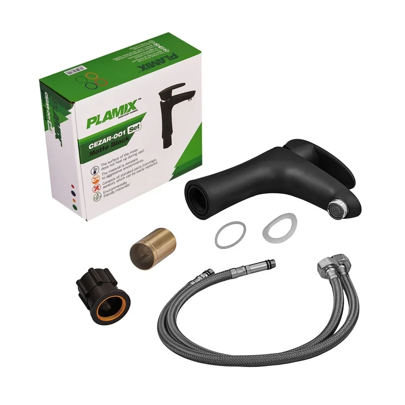 Смеситель для умывальника Plamix Cezar-001 SET Matte black (с подводкой) (PM0662)