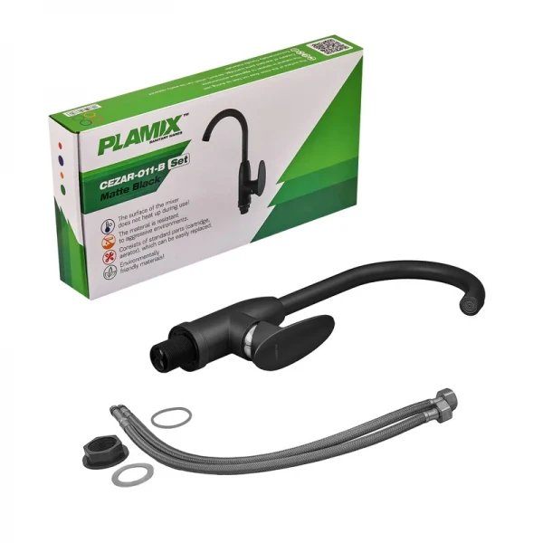 Смеситель для кухни Plamix Cezar-011-B SET Matte black (с подводкой) (PM0668)