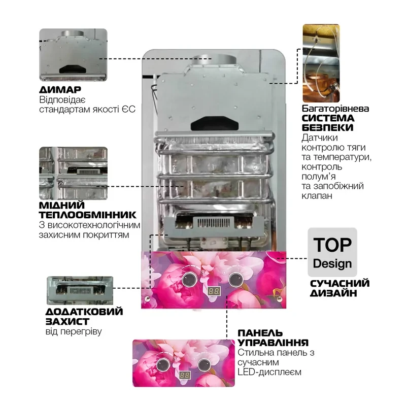 Газовая колонка MIXXUS GWH-0410 BASIC GLASS дымоходная 10 л/мин (панель из стекла с рисунком) (WH0025)