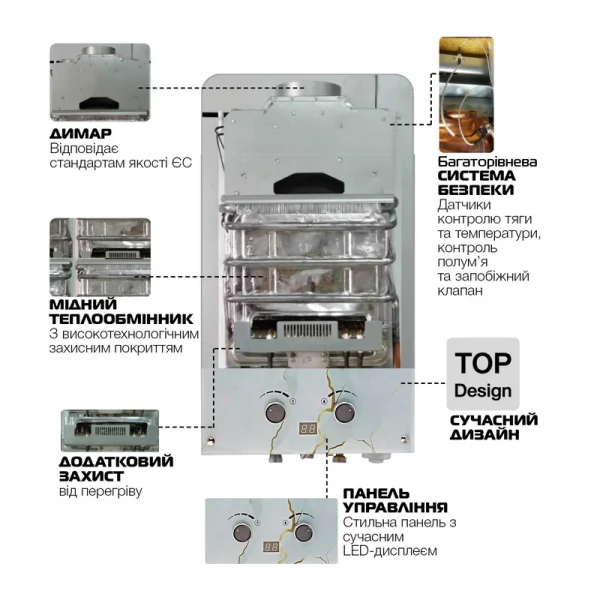 Газовая колонка MIXXUS GWH-0510 BASIC GLASS дымоходная 10 л/мин (панель из стекла с рисунком) (WH0026)