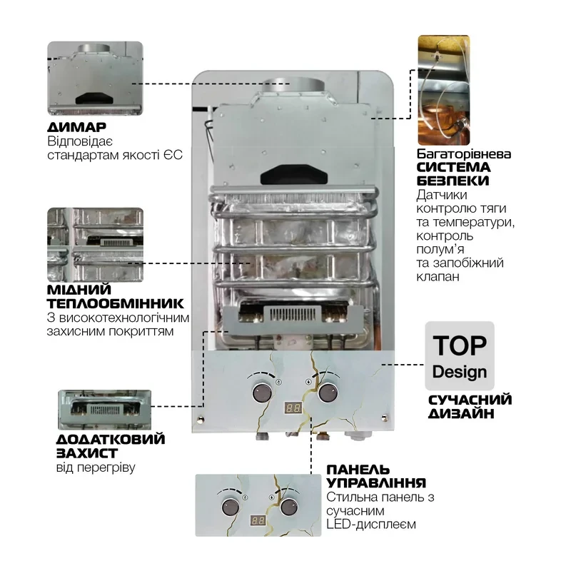 Газовая колонка MIXXUS GWH-0510 BASIC GLASS дымоходная 10 л/мин (панель из стекла с рисунком) (WH0026)