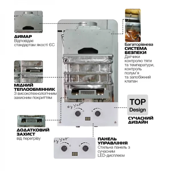Газовая колонка MIXXUS GWH-0610 BASIC GLASS дымоходная 10 л/мин (панель из стекла с рисунком) (WH0027)