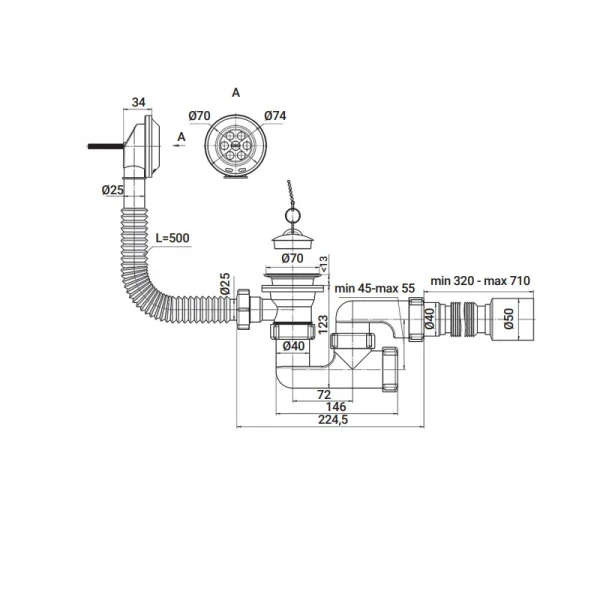 Сифон для ванной Zerix SV-02-A 1 1/2" с ревизией, выпуском и переливом (ZX4958)