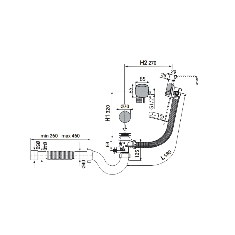 Сифон для ванной Zerix SV-01-B прямоточный с переливом "полуавтомат" (трос 580 мм) (ZX4959)