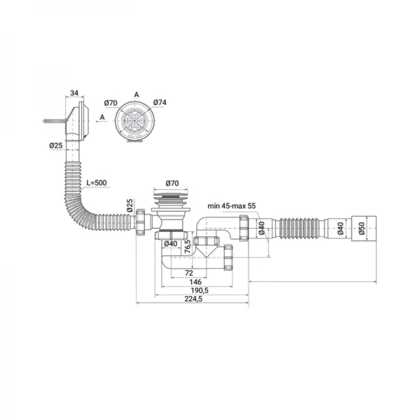 Сифон для ванной Zerix SV-02-C с ревизией, переливом и выпуском "СLICK-СLACK" (ZX4961)