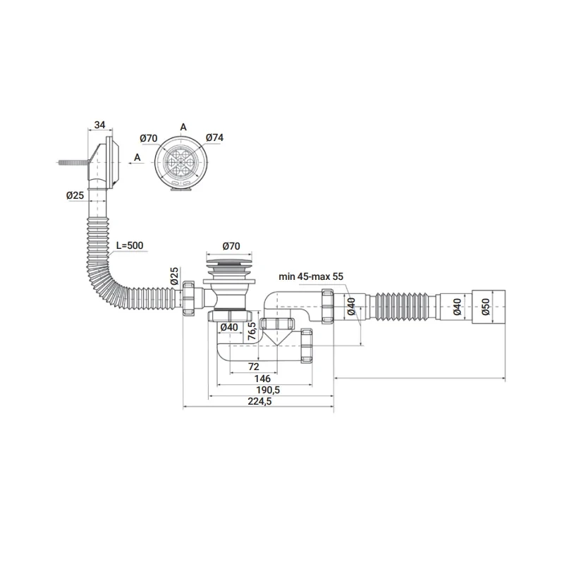 Сифон для ванной Zerix SV-02-C с ревизией, переливом и выпуском "СLICK-СLACK" (ZX4961)