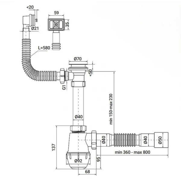 Сифон для кухні Zerix SK-04-А 1 1/2"x40 з різьбовим випуском та прямим переливом (ZX5086)