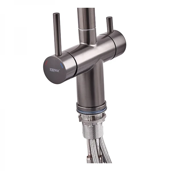Кухонний змішувач на дві води Zerix LUX-024 Graphite з висувною лійкою (нерж. сталь) (ZX5557)