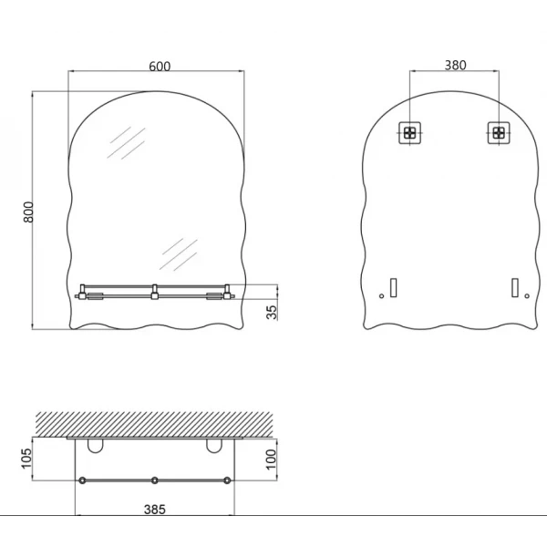 Дзеркало настінне Zerix MIRRA MRZ02-600x850x105 прямокутне з дугоподібним верxом, фігурними боками і полицею (ZX5620)