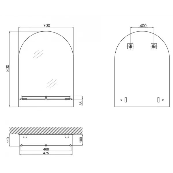 Зеркало настенное Zerix LAGUNA MRZ03-700x800x110 прямоугольное с дугообразным верхом и полкой (ZX5623)