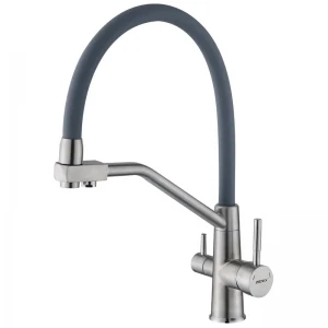 Смеситель для кухни с силиконовым изливом Zerix FUL-021 Refl.Gray из нерж. стали SUS304 с выходом для пит.воды (ZX5998)