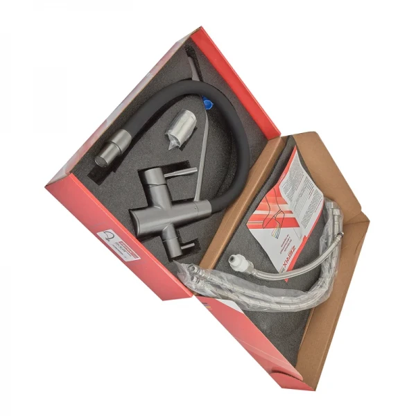 Змішувач для кухні ZERIX FUL-021 Graphite Refl.Black нержавіюча сталь SUS304 графіт з гнучким виливом та виходом для питної води (ZX5999)