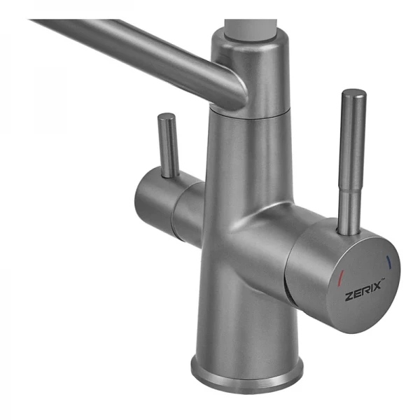 Змішувач для кухні Zerix FUL-021 Graphite Refl.Gray з нержавіючої сталі SUS304, з гнучким виливом та виходом для питної води (ZX6000)