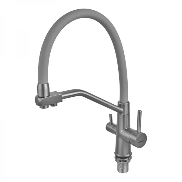 Змішувач для кухні Zerix FUL-021 Graphite Refl.Gray з нержавіючої сталі SUS304, з гнучким виливом та виходом для питної води (ZX6000)