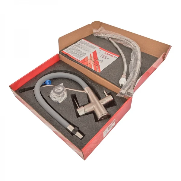Змішувач для кухні ZERIX MAG-021 нержавіюча сталь/сірий, з гнучким силіконовим виливом та підключенням до фільтра (ZX6004)